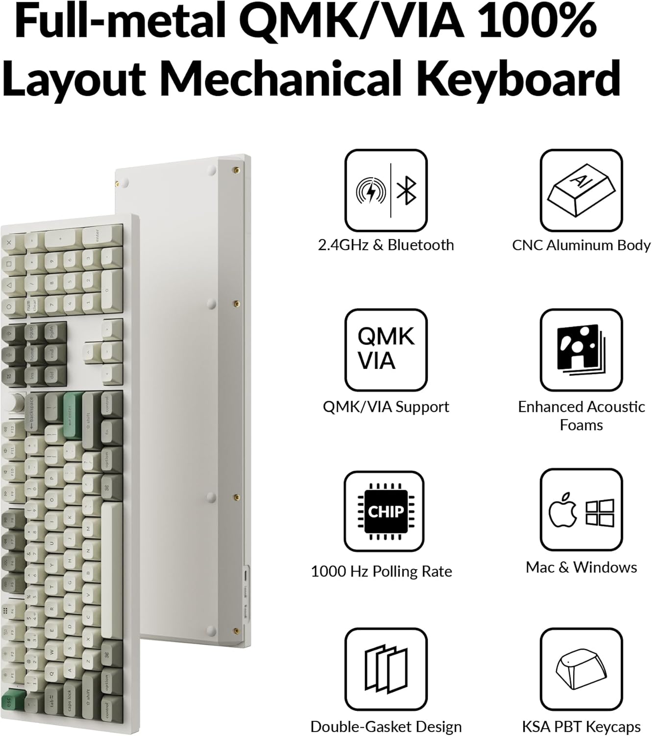Keychron Q6 Max QMK/VIA Bluetooth Wireless /2.4 GHz/USB-C Wired Custom Mechanical Keyboard, Full Size Programmable Knob RGB Backlit Hot-Swappable Gateron Brown Switch for Mac Windows Linux - White