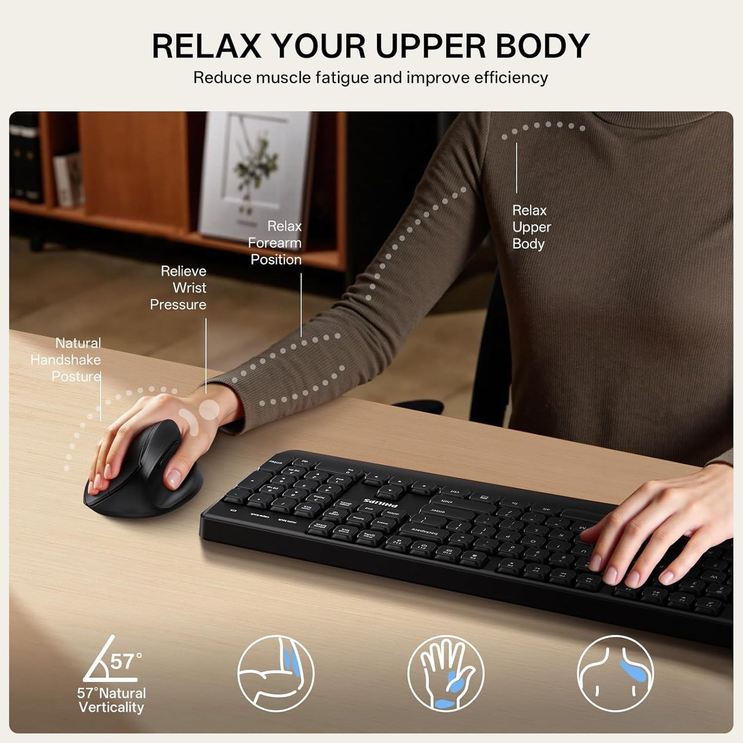 PHILIPS Ergonomic Mouse - Vertical Mouse with 800/1200/1600 Adjustable DPI, 6 Silent Buttons Design for S/M Hands, Auto Power Saving,Light Weight, 2.4GHz Wireless Mouse for Laptop, Desktop, PC-Black
