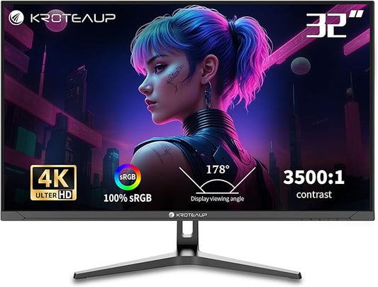 32 Inch UHD Gaming Monitor 4K, 60Hz (3840 X 2160) Computer Monitor, HDR400, DCI-P3 86%，100% sRGB, Eye Care, Freesync, HDMI, Dp Port and Built-in Speaker, Support Wall