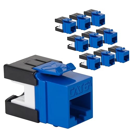 ICC CAT6A Keystone Jack with Slim Profile 180 Degree Punch Down, 10Gbps RJ45 UL Listed PoE++ TAA Compliant for Wall Plate or Patch Panel, Works with JackEasy Termination Tool, Blue 10 Pack