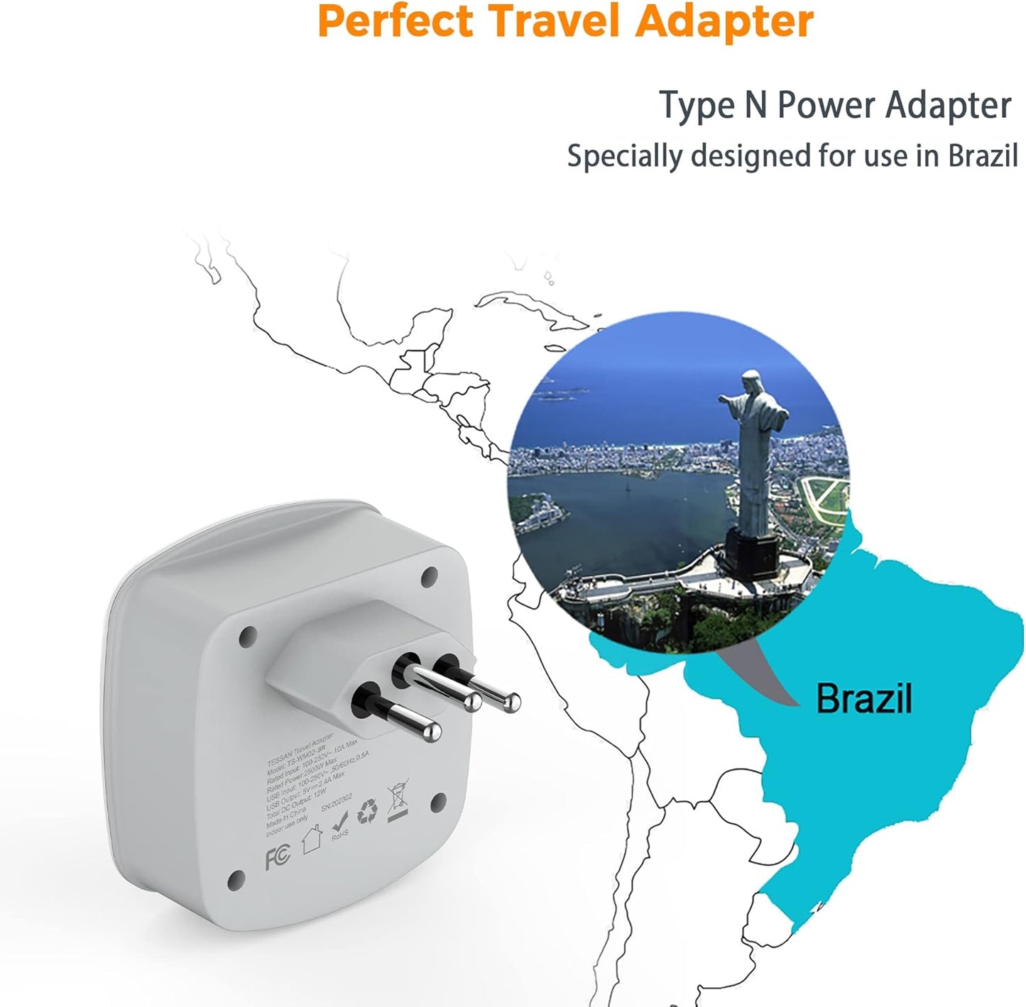 TESSAN Brazil Power Adapter, US to Brazil Plug Adaptor with 2 American Outlets and 2 USB Charging Ports, Type N Travel Adapter for USA to Brazilian Brasil