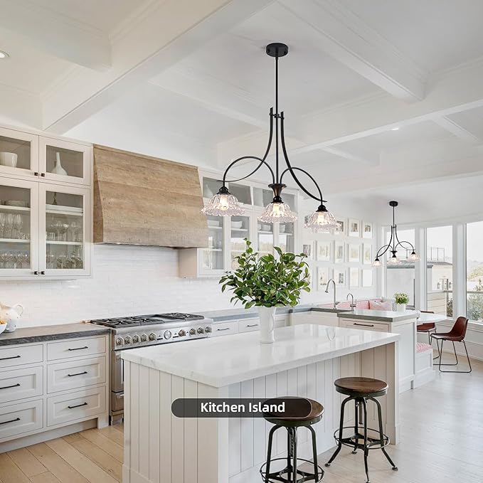 Vintage Pendant Light Fixtures for Kitchen Island,3-Light Black Dinner Room Chandelier with Flower Lampshade, Adjustable Height Hanging Light Fixture for Hallway Entryway
