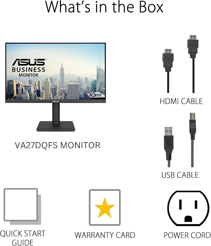 ASUS 27” 1080P Business Monitor (VA27DQFS) - IPS, 100Hz, 1ms, Adaptive-Sync, HDMI, DisplayPort, VGA, for Working and Gaming, Ergo Design, Blue Light Filter, Flicker Free, 3 yr Warranty TAA Compliant