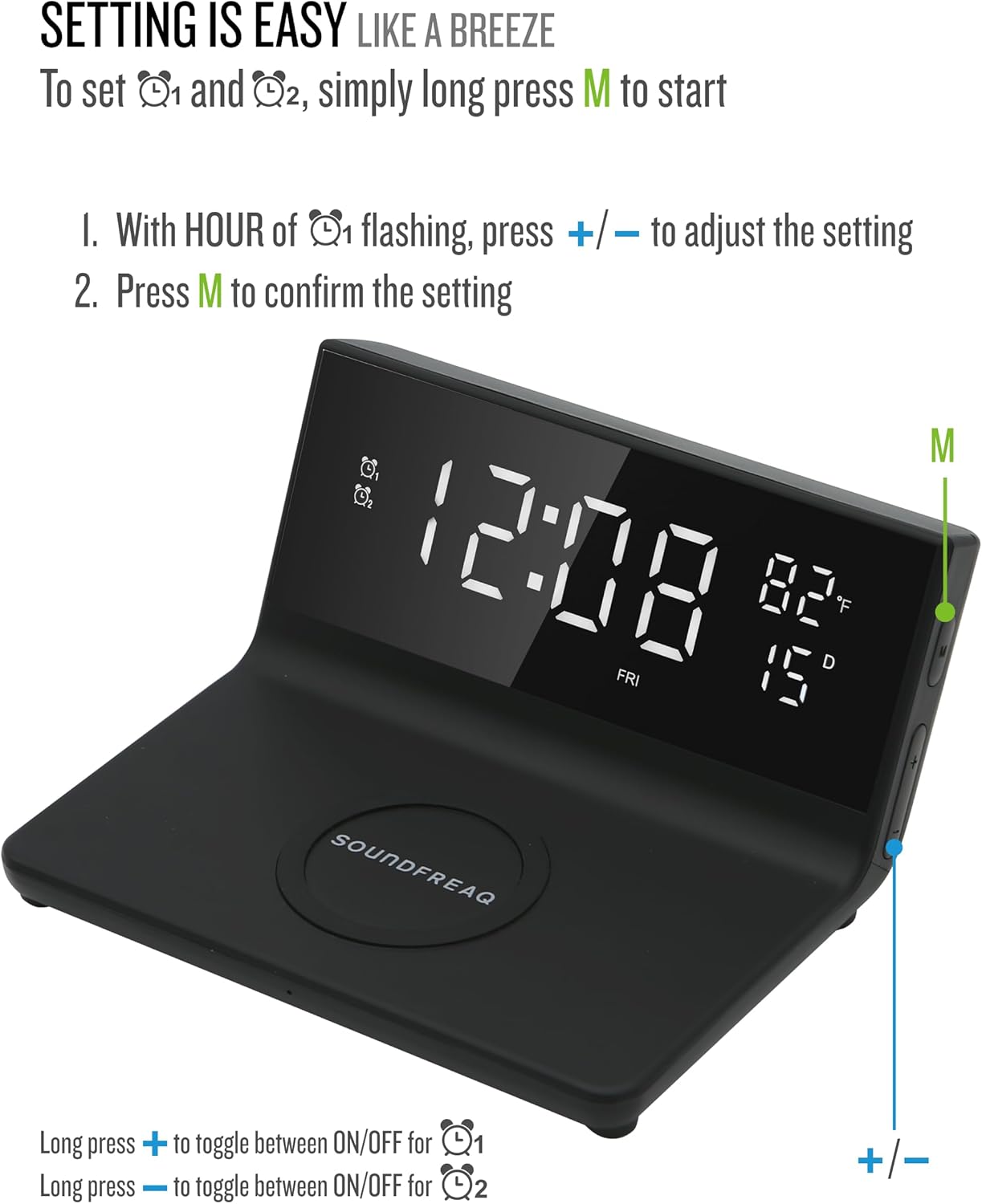 Soundfreaq Charge Rise II, SFQ-20: Digital Alarm Clock, with Dual Alarms, Fast USB Charger and Wireless Charger (Black)