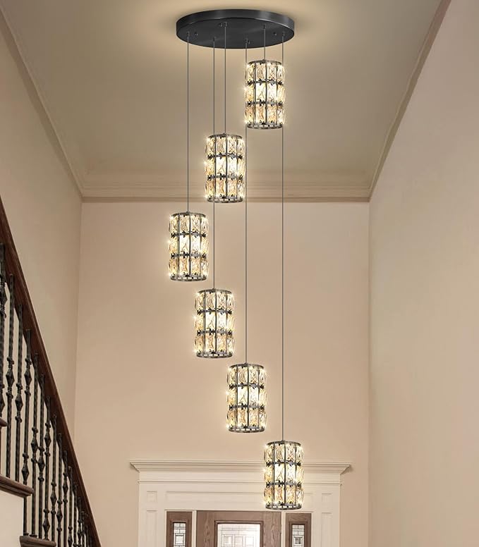 6-Lights Modern Crystal Pendant Lights for Kitchen Island LED Dimmable Glam Pendant Lighting Chandelier for Dining Room Hallway Corner Lamp Black