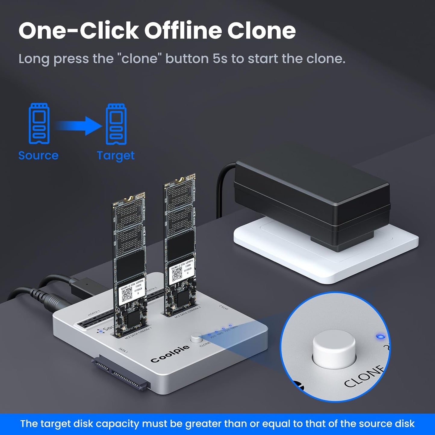 CR311 3-in-1 SSD Cloner, USB3.2 Gen2*2 M.2 Reader, Supports M.2 NVMe/SATA, SATA 2.5''/3.5'' HDD