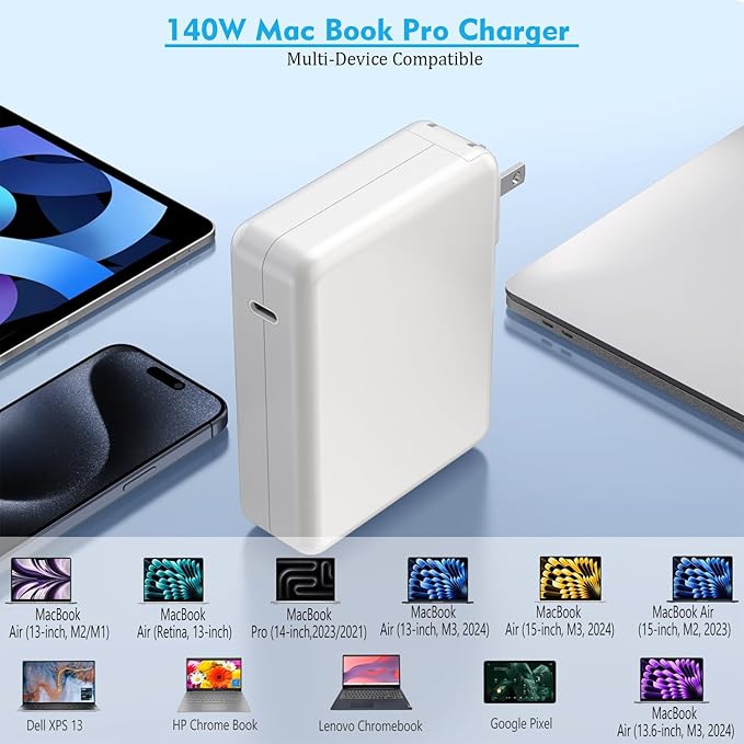 Macbook Pro Charger 140w USB C Fast Charger Power Adapter with 10Ft Fast Charger Cable, Compatible MacBook Pro/Mac Book Pro 16 15 14 13 inch, Macbook Air 13 Inch,iPad Pro M1/M2/M3,and All USB C Device