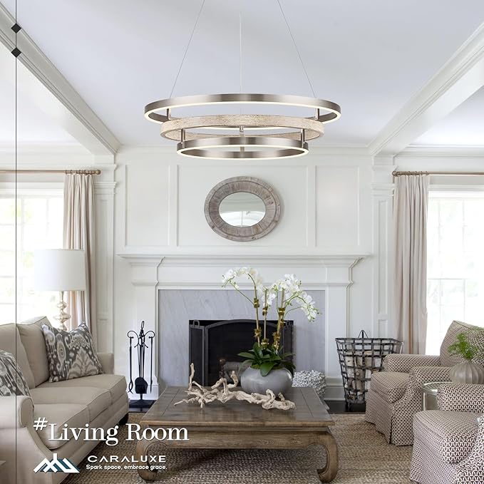 3 Ring LED Chandelier Nickel Round Chandelier Light Fixture Dimmable Foyer Chandeliers Light Weathered Wood Circular Chandeliers for Dining Room Entry Bedroom Office Living Room