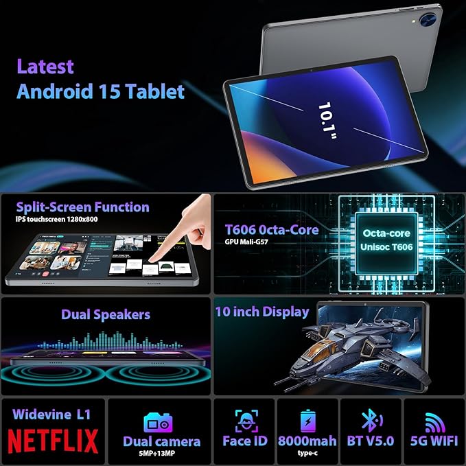 Android 15 Tablet with Keyboard, 26GB RAM, 256GB ROM(2TB Expand), 10 inch tablet with Octa-core, 8000mAh Battery, 2.4G/5G WiFi, BT 5.0, 5MP+13MP Camera, Gemini AI, Case, Mouse, Stylus (Silver Case)