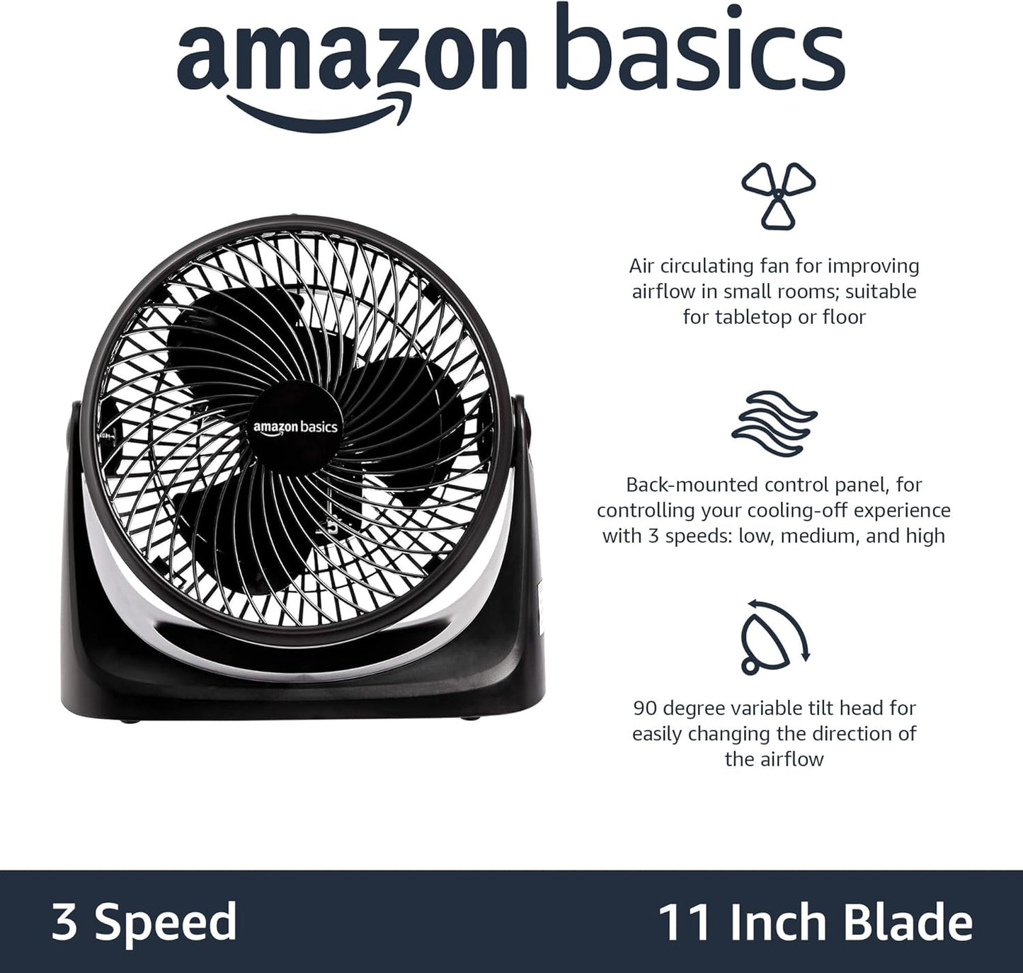 Amazon Basics Air Circulator Fan, Desk Fan for Bedroom, Home and Office, With 90-Degree Tilt Head, 3 Speed Settings, Lightweight (4.2 LBS), 70 Watts, Black, 14.8"Wx7.6"Dx14.1"H