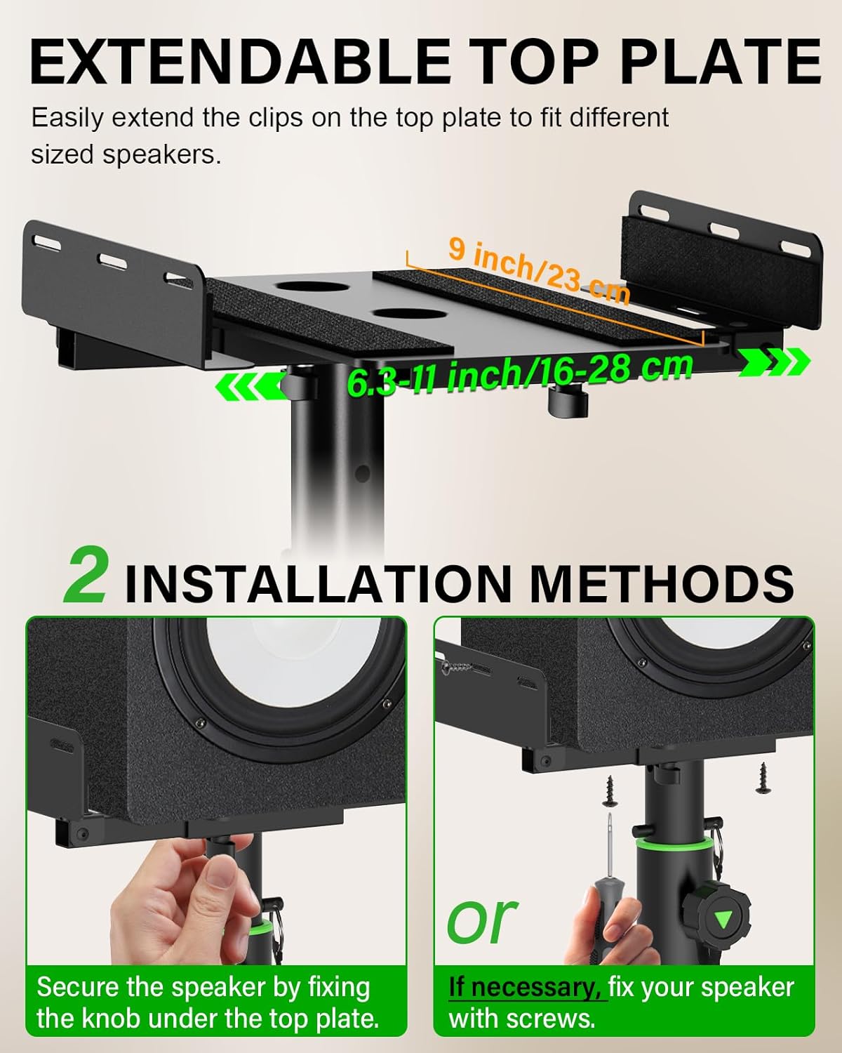 Set of 2 Dual Side Clamping Studio Monitor Stands Desktop Clamp Speaker Stands Height Adjustable Against The Wall Extendable Top Plate Mounted by Screws