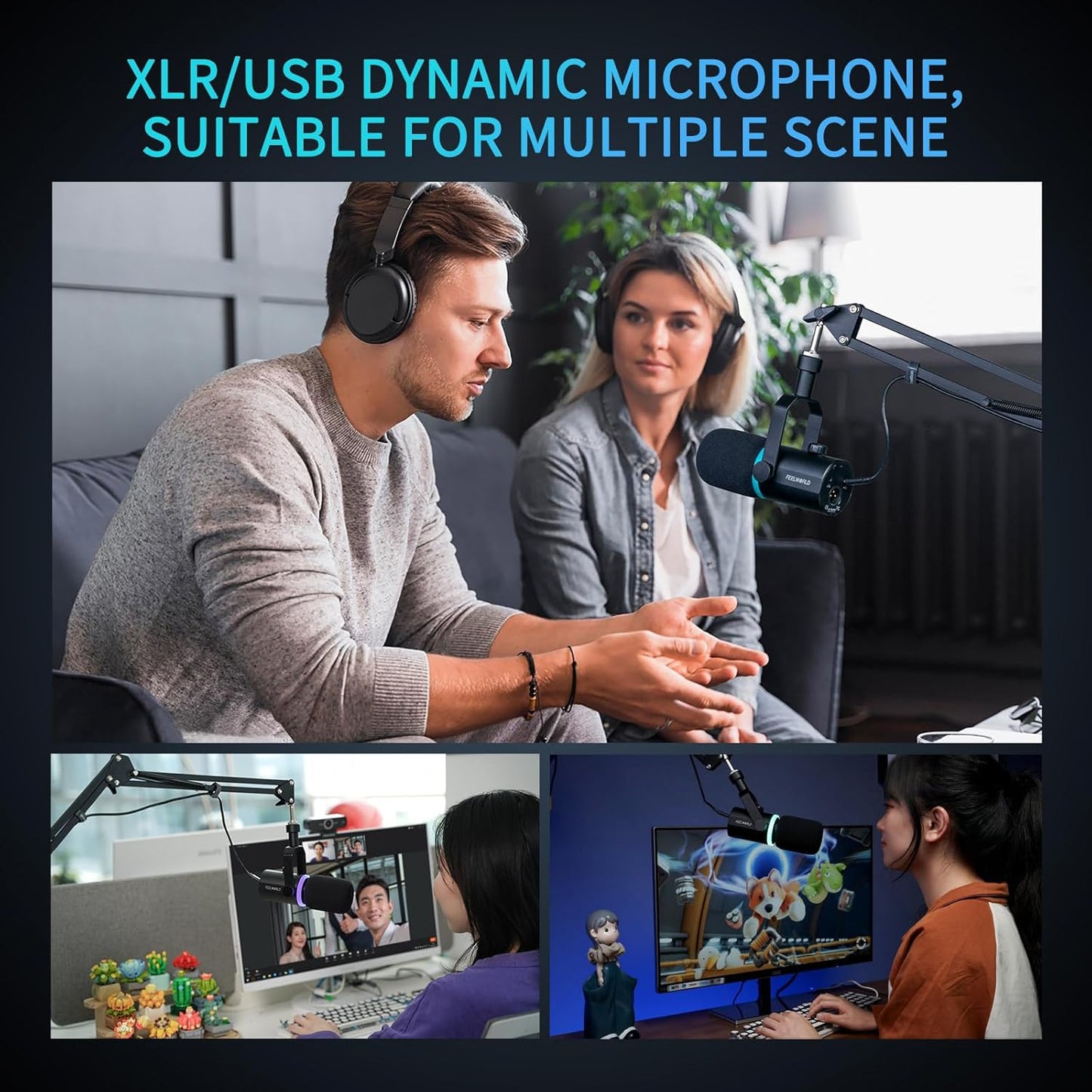 FEELWORLD PM1 XLR USB Dynamic Microphone with Desktop Stand Gifts for Podcast Recording PC Computer Gaming Live Streaming Vocal Voice-Over, Studio Metal Mic, RGB Light, Mute Button, Headphones Jack