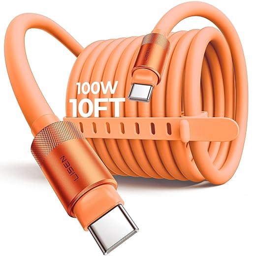 LISEN for iPhone Air 17 Charger Cord USB Cable 10FT, Chubby 100W Soft Silicone USB C to USB C Fast Charging Cable, Long USBC to USBC for iPhone 17 16 15, Samsung S25, MacBook Pro/Air, Orange