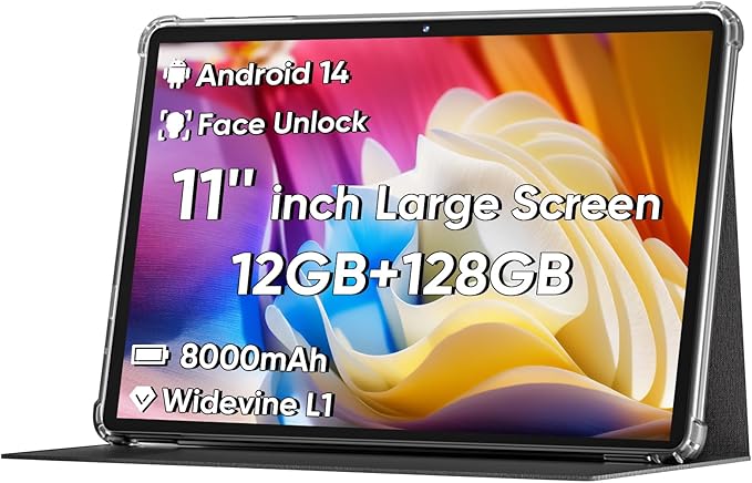 2025 Android 15 Tablet 11inch, Face Unlock, 18W Fast Charging, 12GB+128GB+1TB Expand, Octa-core CPU, 8000mAh Large Battery, WiFi6, Touchscreen Display, Widevine L1 Tableta, Black