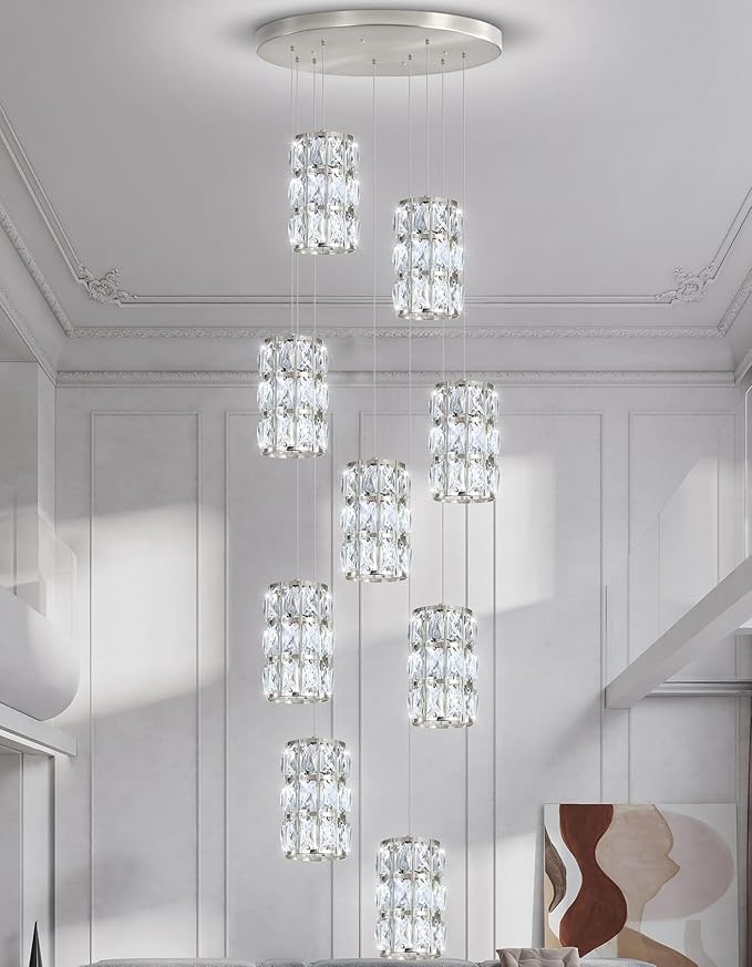 9-Lights Modern Crystal LED Dimmable for Staircase Foyer High Ceiling Chandeliers Hallway Nickel