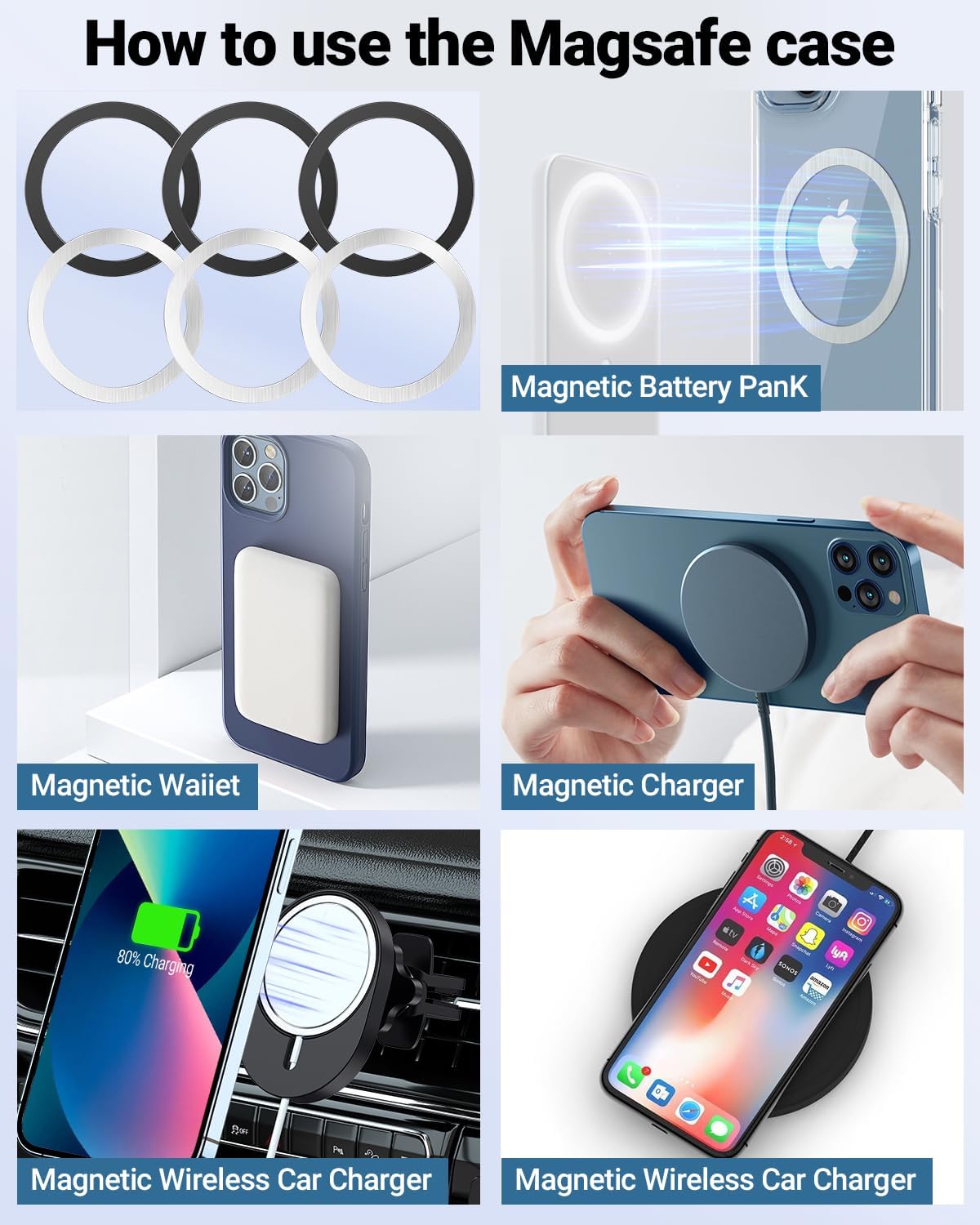 Magnetic Wireless Charging Magsafe Ring-6 PCS,Ultra-Thin(0.4mm) Magsafe Sticker, Compatible with iPhone 16/15/14/13 Series,Samsung Galaxy,Google Pixel Series,Magsafe Accessories-3Black&3Silver