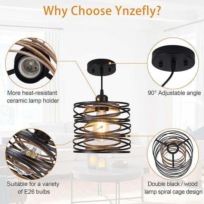 Pendant Light, Kitchen Island Hanging Light Fixtures Wood Farmhouse Metal Pendant Lighting for Dining Room Bedroom Bar Office, Industrial Black, 1 Pack