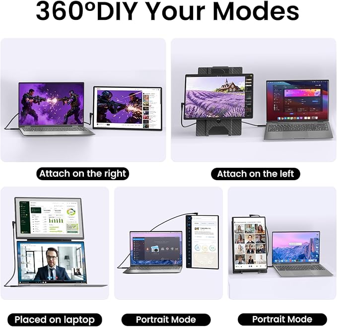 Laptop Screen Extender Portable Monitor - Dual 16" 1200P FHD Travel Monitor Fit for 13-17" Laptops Plug & Play 360° Rotating Detachable Stand Height Adjustable for Travel/Work/Study