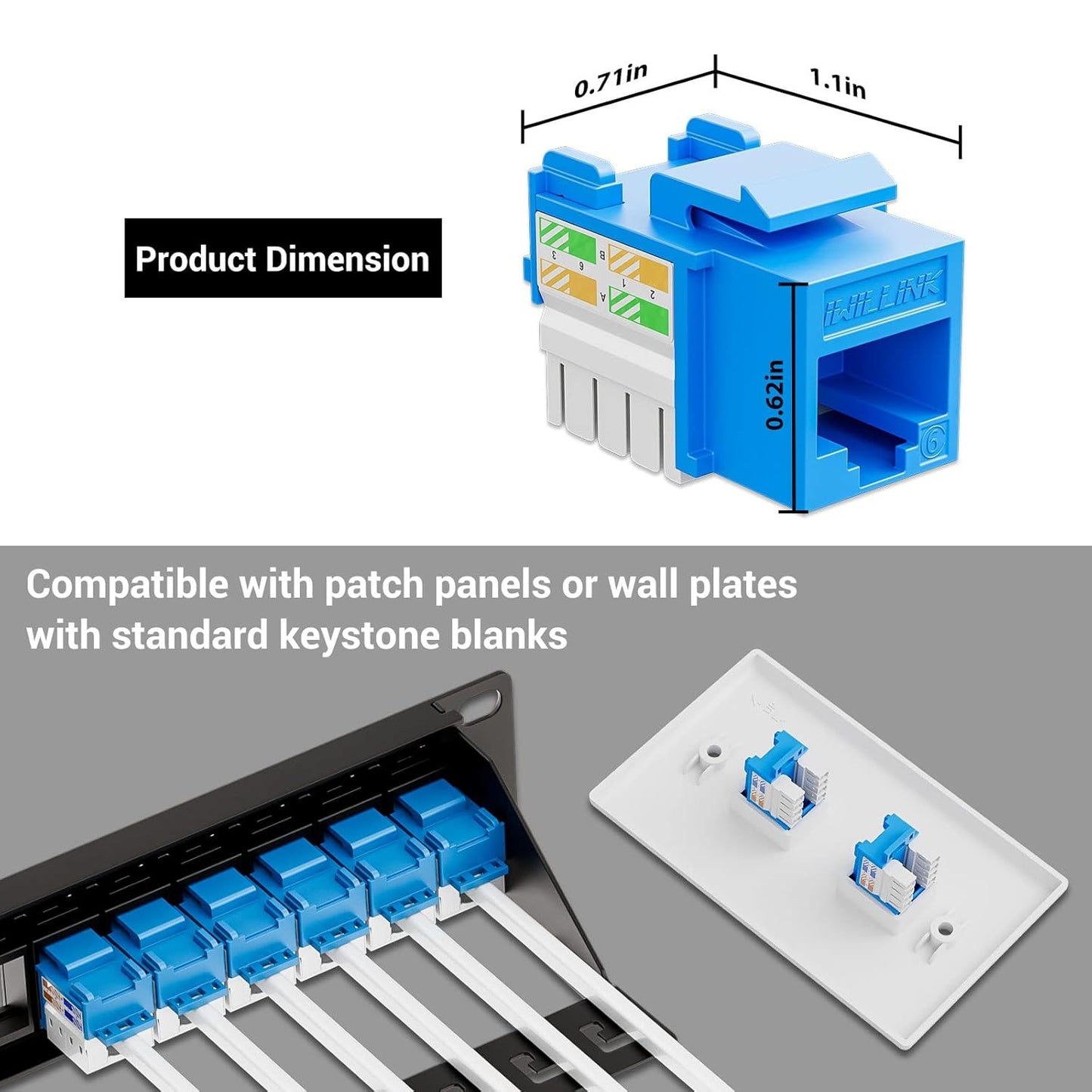 iwillink 10Gbps Cat6 Keystone Jack and Punch-Down Stand, 50-Pack, RJ45 Ethernet Keystone Jacks, 90-Degree UTP Modular Punch Down Keystone Jack Adapter, Blue