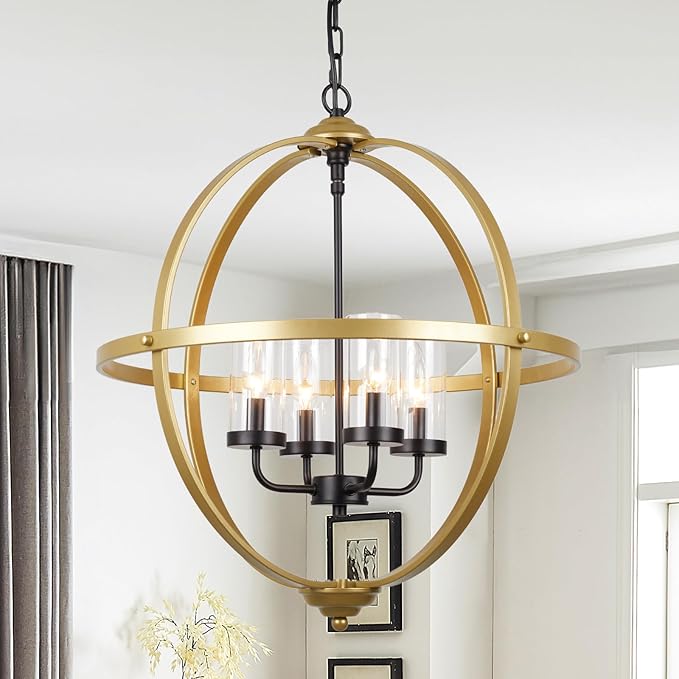 Treekee Chandelier Farmhouse Hanging Lighting, 4-Light Globe Orb Chandelier, Adjustable Modern Pendant Light Fixture for Dining Entryway Foyer, Black and Gold Finish