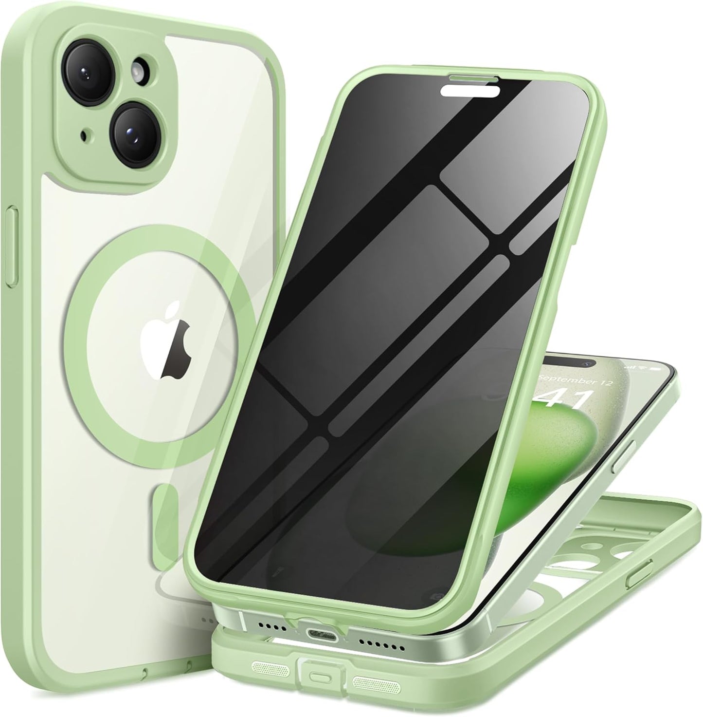 Magnetic for iPhone 15 Plus Case, Compatible with MagSafe, Built-in Privacy Screen Protector and Camera Protection, Anti Spy Full Body Dustproof Shockproof Hard Phone Case 6.7", Mint Green