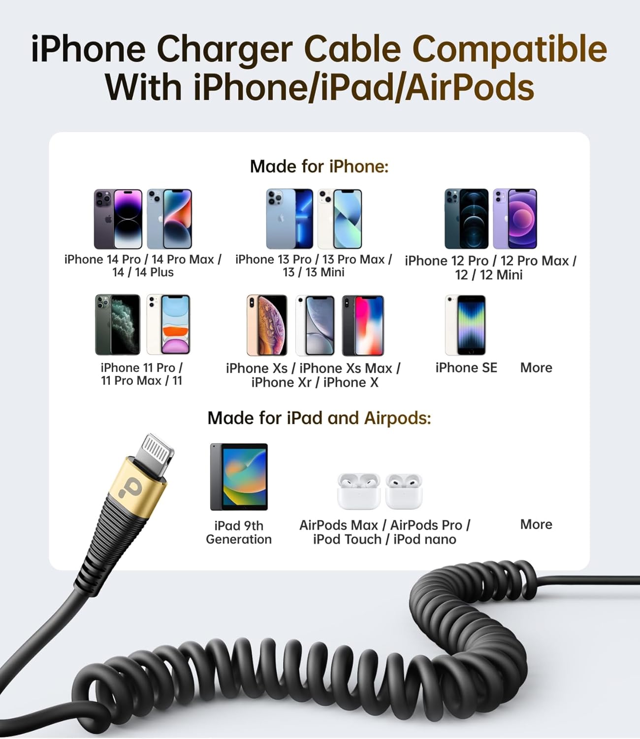 Short iPhone Charger Cable for Car, 2 Pack 3FT Coiled Lightning Cable [Apple MFi Certified] iPhone Charger Cord Compatible with iPhone 14/13/12/11 Pro Max/XS MAX/XR/XS/8/iPad/iPod/CarPlay-Gold