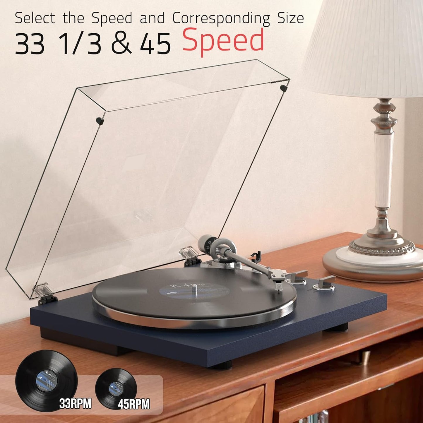 Turntables Belt-Drive Record Player with Wireless Output Connectivity Vinyl Player 33&45 RPM Speed Phono Line Output USB Digital to PC Recording ATN3600L MM Cartridge&Counterweight Dark Blue