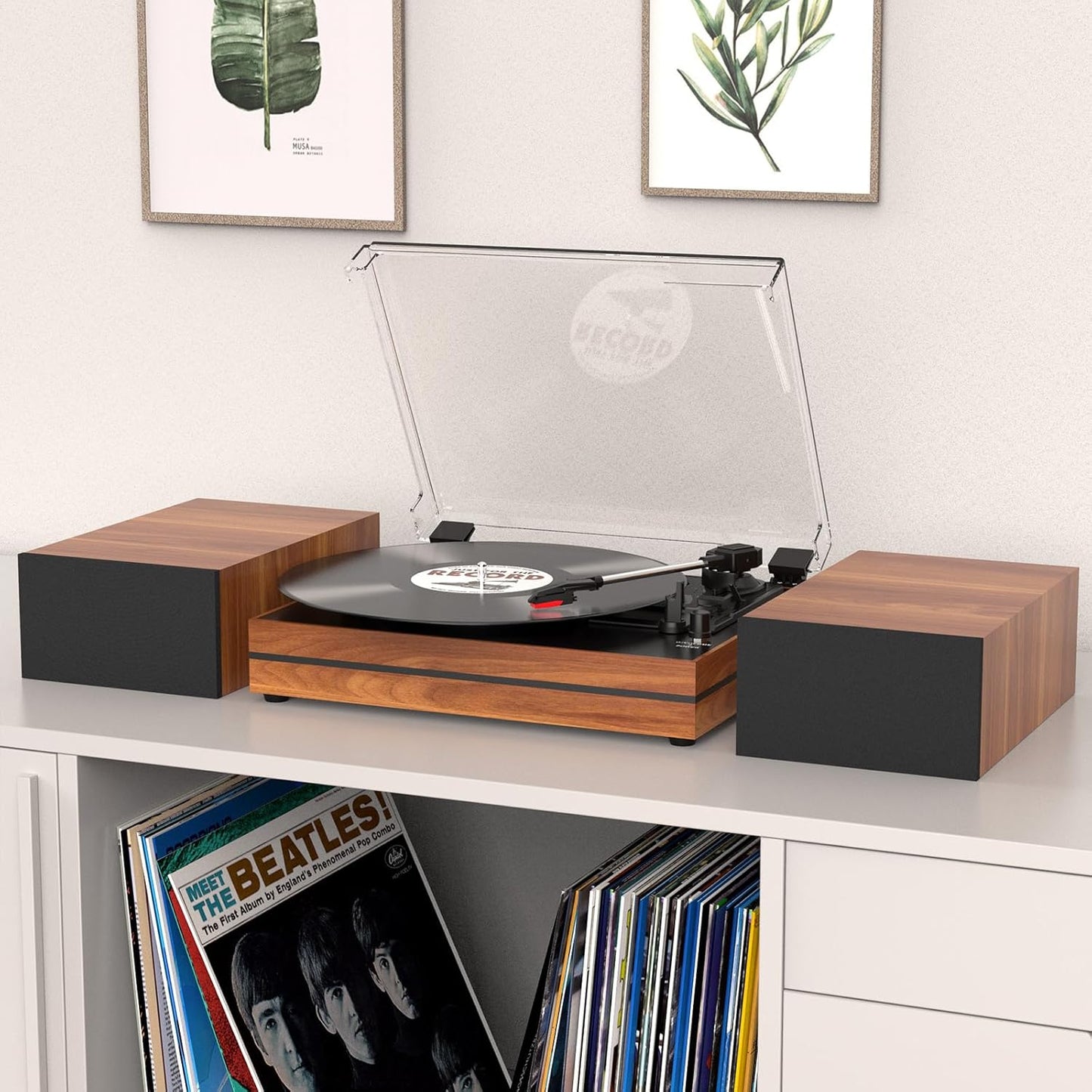 Vinyl Record Player with Speakers Vintage Turntable for Vinyls Records External Speakers Belt-Driven Turn Table Support 3-Speed Wireless Playback Headphone AUX-in LP Phonograph Audio Sound Wood Red