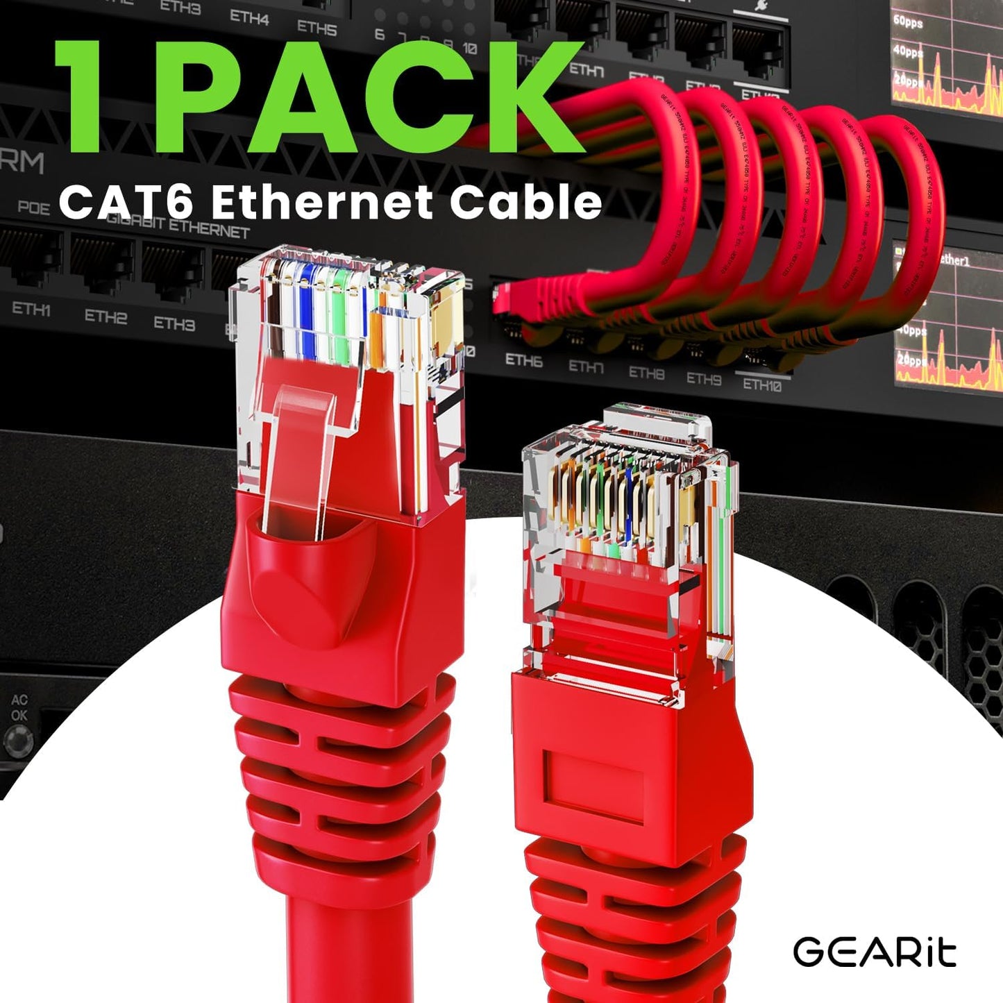 GEARit Cat 6 Ethernet Cable (1-Pack 25 Feet) Cat6 Network Patch, 10Gbps, RJ45, Snagless Cord, Gold-Plated Connectors, Internet for PC, TV, Tablet, Router, Printer, Servers, IT Data Center - Red