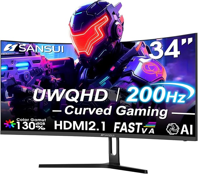 SANSUI 34 Inch UWQHD 200HZ Curved Gaming Monitor, FastVA 3440x1440P Ultrawide 1500R Curved Gaming Computer Monitor 21:9 with PIP PBP, AI Tech Enhance, 2xHDMI2.1 DP1.4Ports(HDMI2.1 Cable Incl.)