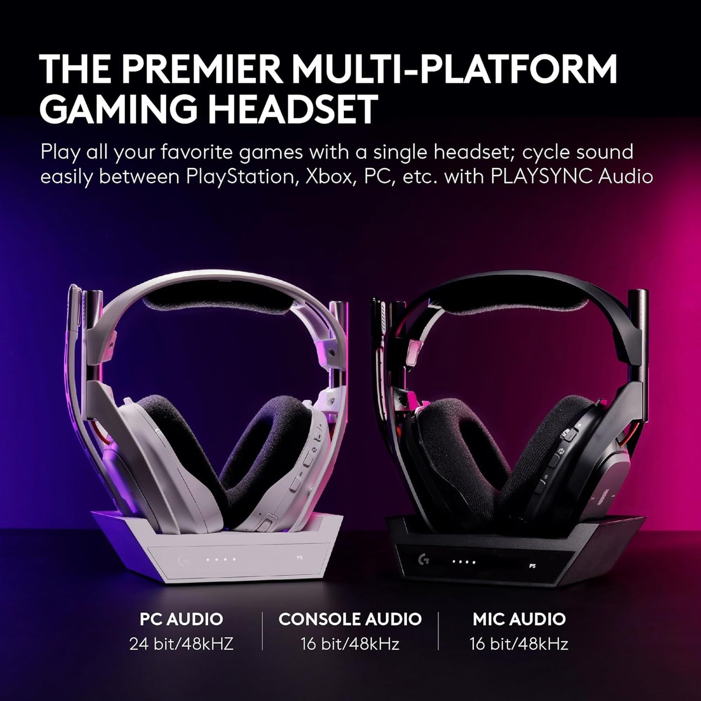 Logitech G Astro A50 Omni-Platform Wireless Gaming Headset + Base Station for PS5, Xbox, PC: PLAYSYNC Audio Switcher, <16 bit/48kHz (Console), <24 bit/48 kHz (PC), 24hr Battery, 2.4GHz & BT - Black