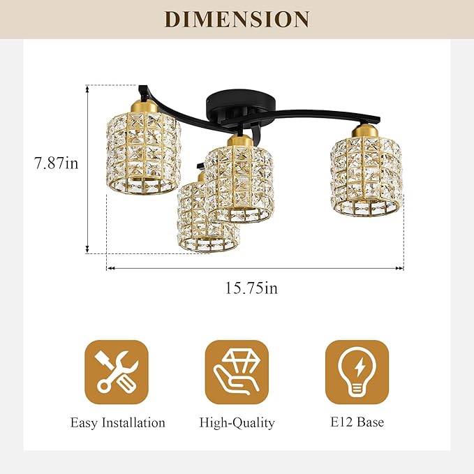Flush Mount Ceiling Light, 4-Light Black and Gold Semi Flush Mount Lighting Fixture, Modern Farmhouse Ceiling Lamp with Crystal Shade for Bedroom, Living Room, Kitchen, Hallway