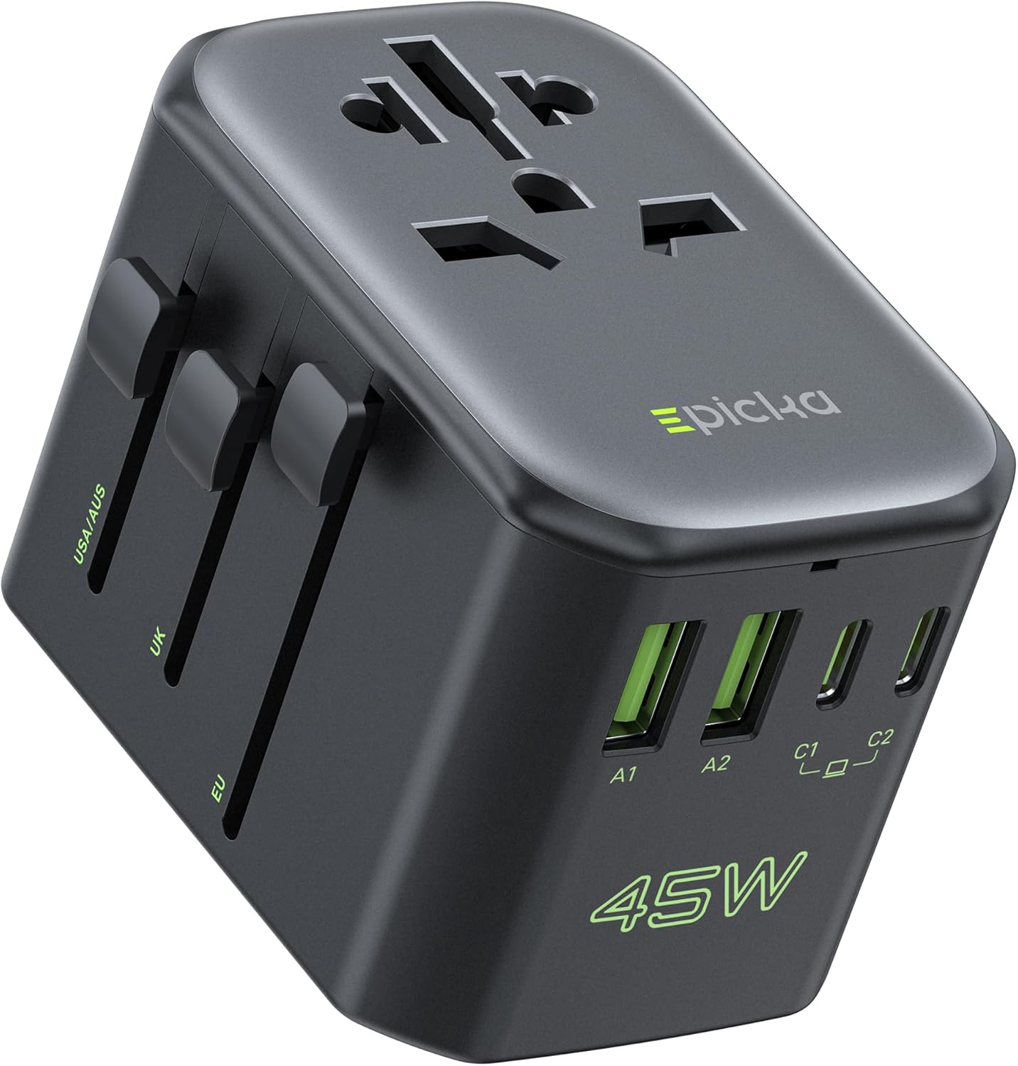 EPICKA Pulse 45W European Travel Plug Adapter, Universal Power Adapter with PD Fast Charging, 5-Port (1 AC/2 USB-A/2 USB-C) International Charger Adapter for Europe, Japan - Travel Essentials (Black)