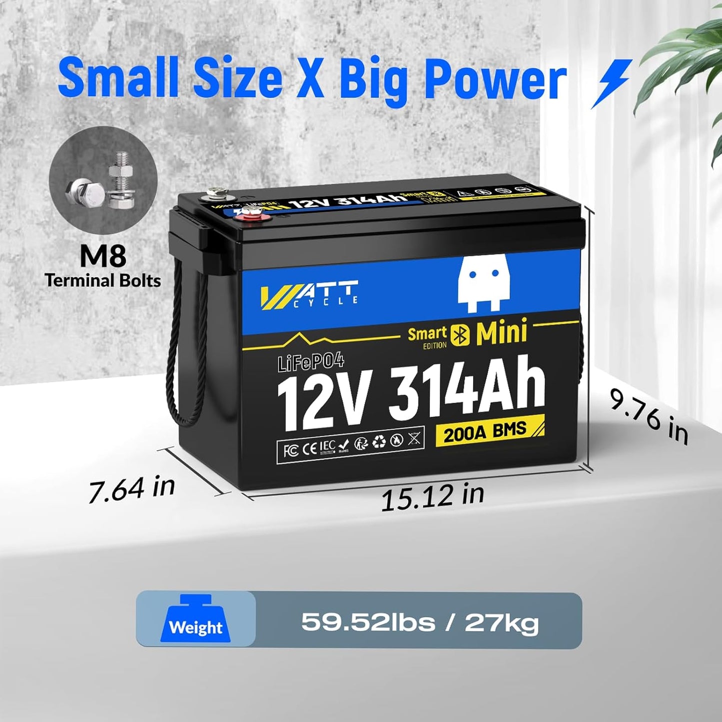 12V 314Ah LiFePO4 Mini Lithium Battery with Bluetooth 5.0, Built-in Metal Frame 200Ah BMS, 4.01kWh Energy, Upgraded Aluminum Cooling Fins, 12v 300ah + Lifepo4 Lithium Batterys