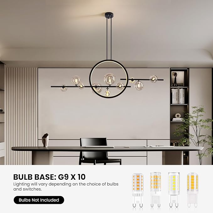 CROSSIO Modern Black LED Pendant Light, 10-Light Kitchen Island Chandelier with Glass Globe Shades, Adjustable Linear Light Fixture for Dining Room and Living Room