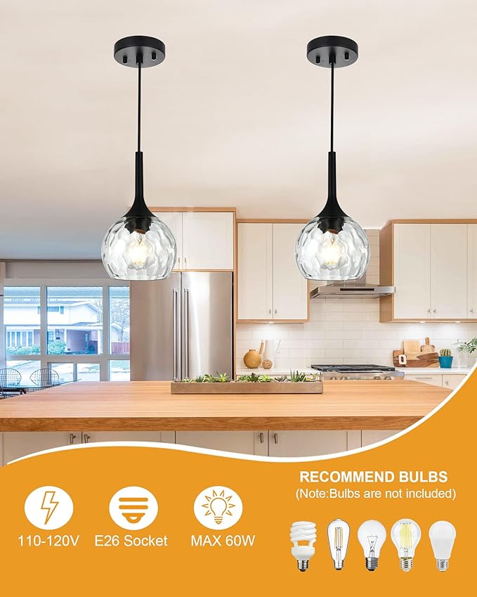 VINLUZ 2 Pack Classic Pendant Light with Round Ribbed Glass Shade, Ceiling Hanging Kitchen Island Chandelier in Black Metal Finish for Dining Room