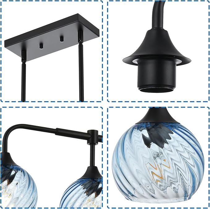 MELUCEE 5-Light Kitchen Island Lighting Linear Dining Room Light Fixtures Ceiling Hanging with Blue Striped Swirl Glass Shade, Modern Black Chandelier for Dining Room Kitchen Island Bar, E26 Base