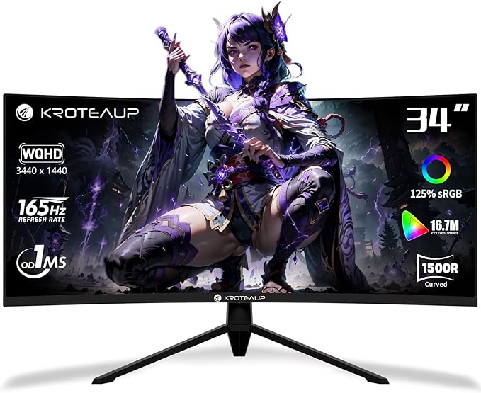 34 Inch Curved Gaming Monitor 4K, (3440x1440) 165Hz Ultrawide Computer Monitor, AMD FreeSync, 1500R, HDR, 125% sRGB, DCI-P3 92%, HDMI/DP and Built-in Speaker, VESA 100 x 100mm