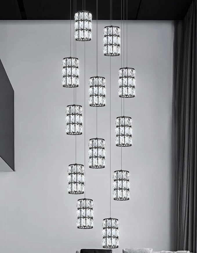 12-Lights Modern Crystal LED Dimmable for Staircase Foyer High Ceiling Chandeliers Hallway Black