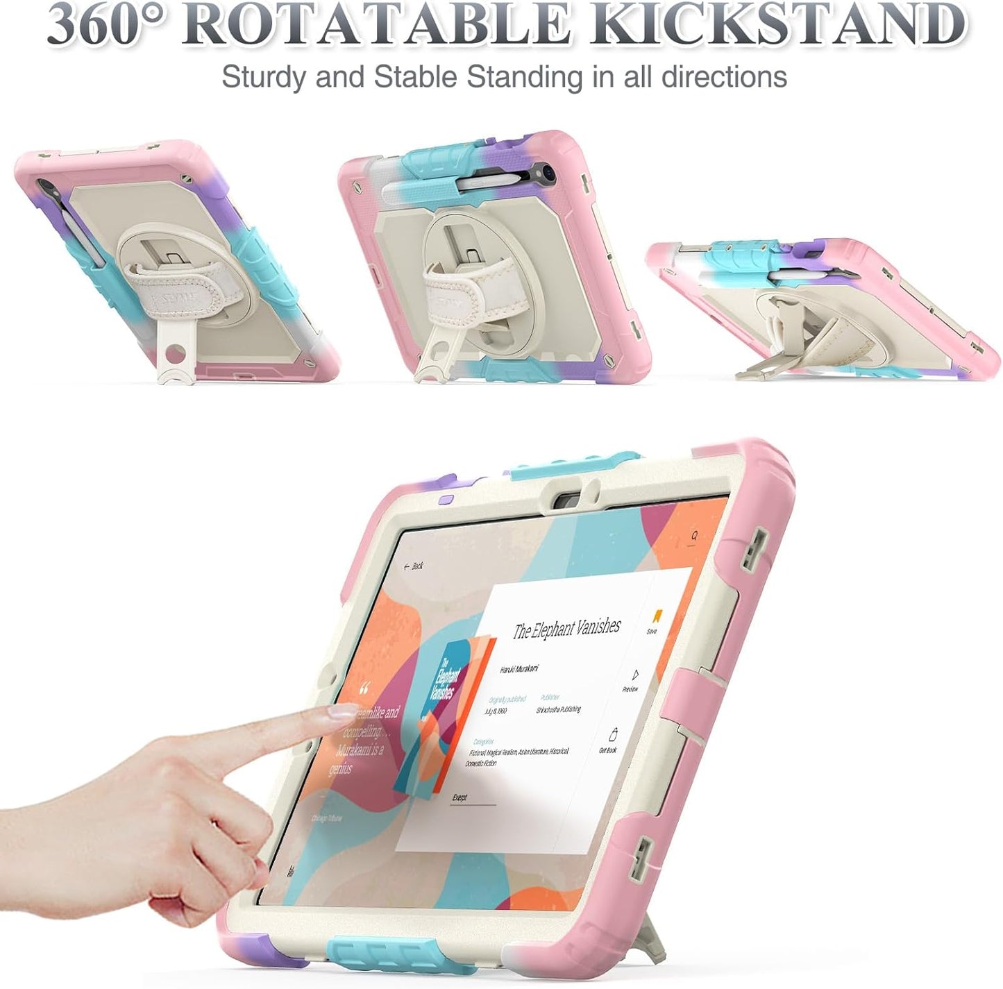 SEYMAC stock Case for Samsung Galaxy Tab S10 FE / S9 / S9 FE 5G Tablet Case Protective with Screen Protector, Pencil Holder, 360 Rotate Stand, Hand Strap, Shoulder Strap, Beige+Pink