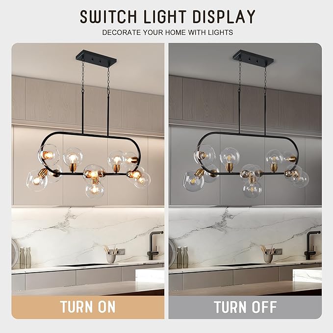 Linear Chandelier for Dining Room 45'' Black and Gold Island Lights Rectangle Dining Room Light Fixture 11-Light Modern Farmhouse Chandelier with Clear Glass Large Mid Century Island Pendant Light