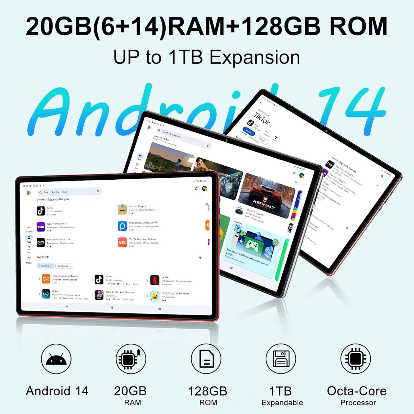 Android 14 Tablet 10 Inch Tablets, 20GB+128GB/1TB Expandable, Tablets with Octa-Core, WiFi 6, Dual Camera, BT 5.0, 6000mAh Battery, HD IPS Display, Widevine L1, Tablet with Keyboard Mouse - Sliver