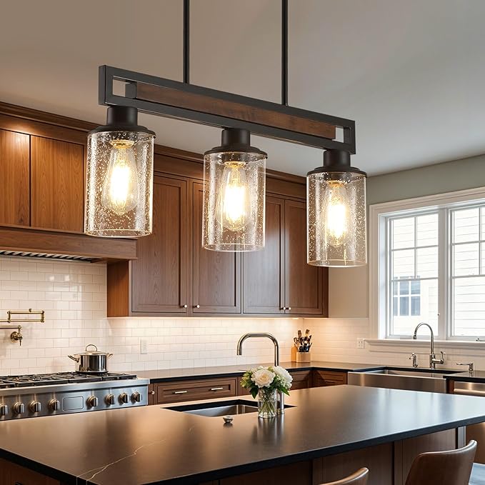 Farmhouse Dining Room Light Fixture, 3-Light Wood Kitchen Island Lighting for Dining Room Over Table, Black Adjustable Pendant Light with Seeded Glass Shades, Linear Chandeliers Lighting for Kitchen