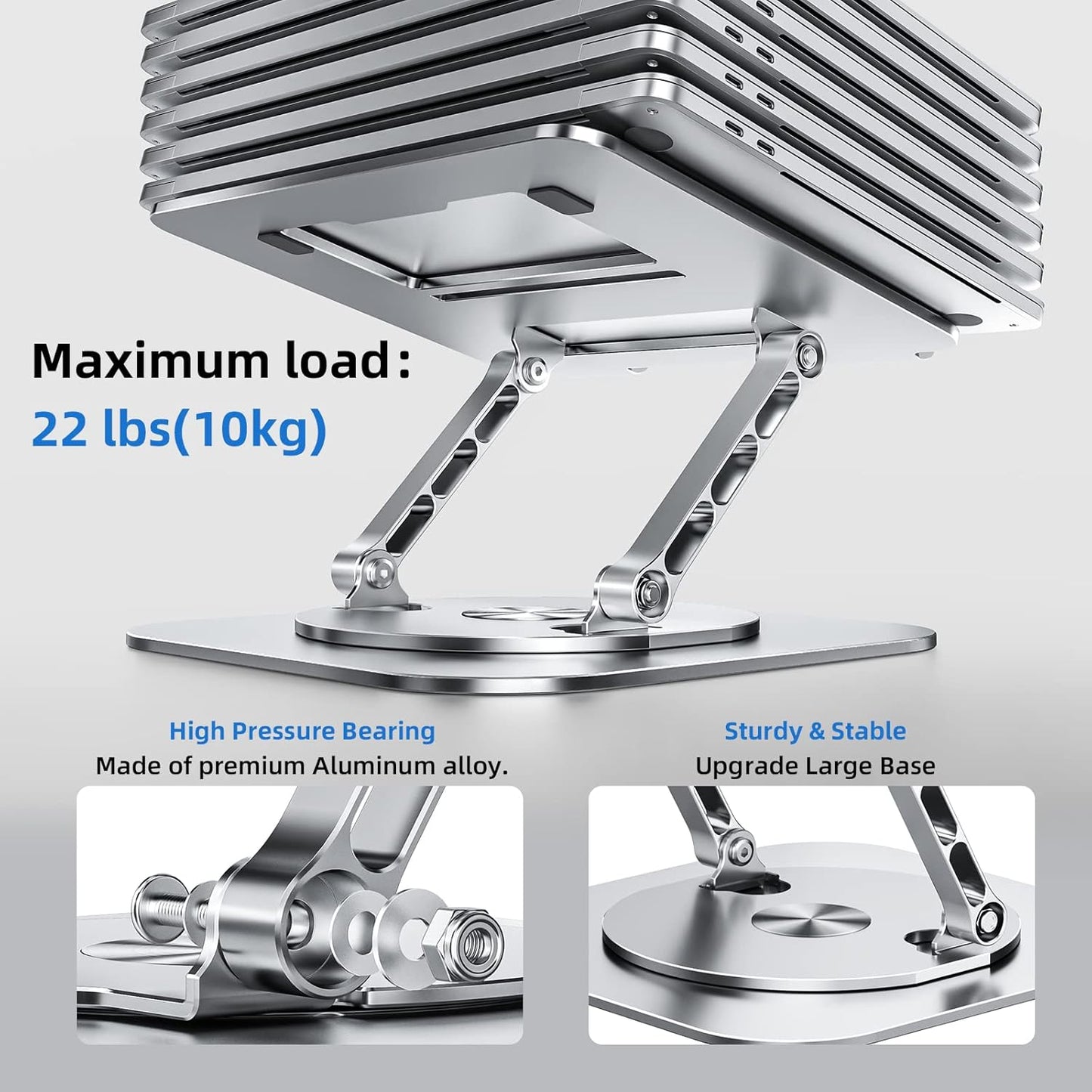 Adjustable Laptop Stand for Desk, Ergonomic Riser with 360° Rotating Base, Foldable Notebook Computer Holder Compatible MacBook Air Pro, Dell XPS, More 10-17" Laptops, Silver