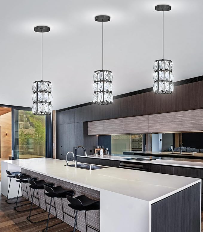 3 Pack Modern Crystal Pendant Lights for Kitchen Island LED Dimmable Glam Pendant Lighting Chandelier for Dining Room Hallway Corner Lamp Gold