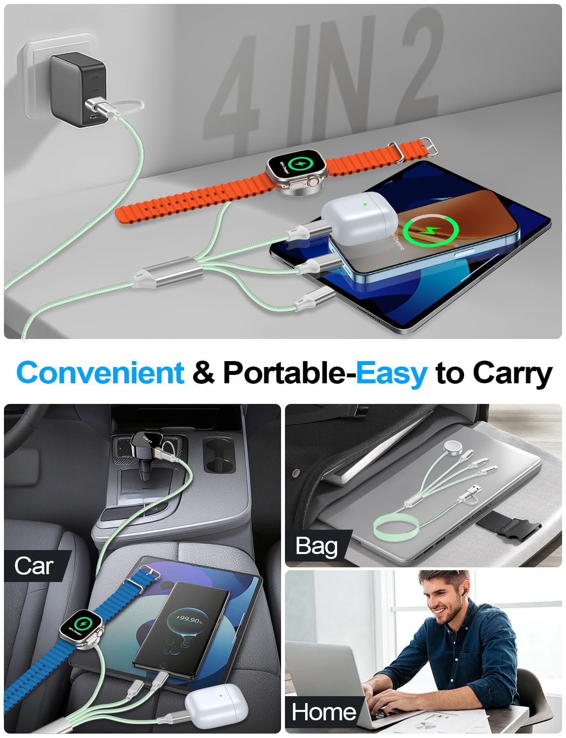 4-in-2 Charging Cable for Apple Watch Charger/Samsung/iPhone Charger,Car/Office/Camping/Travel Essentials,Type C Cable Multi Cord for iWatch Ultra/10-2/iPhone 16-11/Samsung S25-S20,iPad,airPods-Green