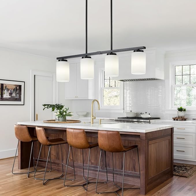 4-Light Modern Island Lights for Kitchen, Black Dining Room Light Fixtures Farmhouse Linear Chandeliers Over Table, White Frosted Glass Adjustable Hanging Light Kitchen Pendant Lighting Over Island