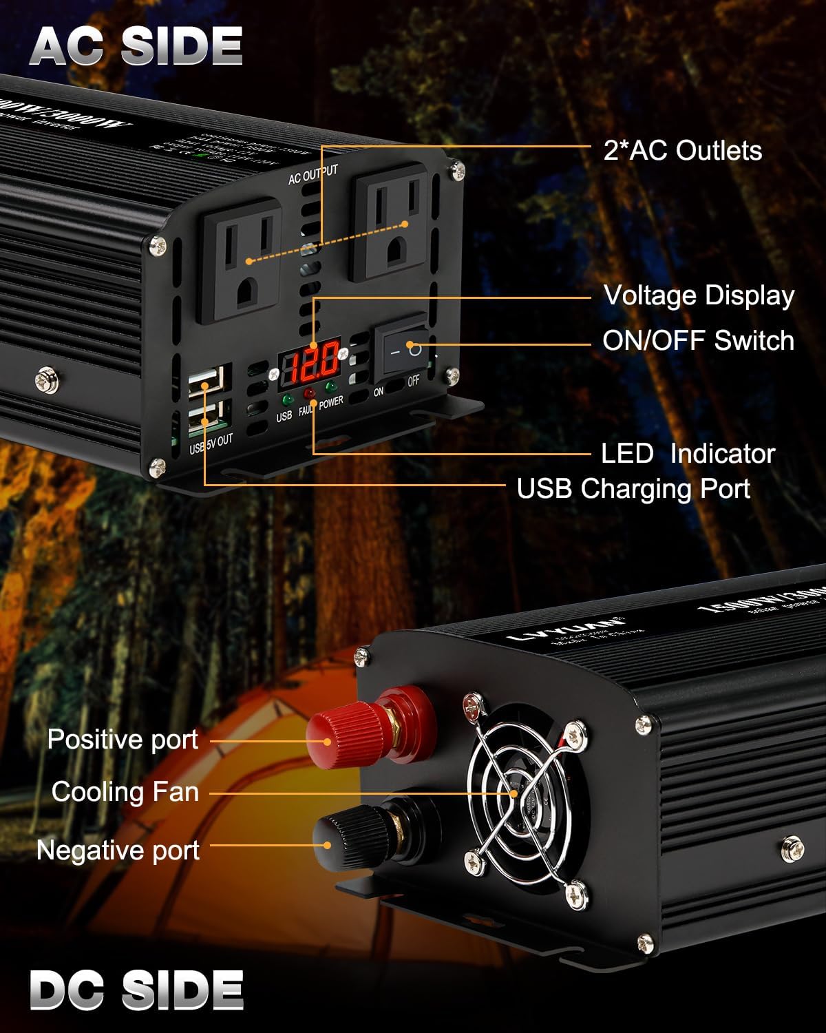 LVYUAN 1500W Inverter Car Power Inverter 12V to 110V for Vehicles with LED Display, US Outlets, USB Ports for Camping Outdoor Car Yacht RV