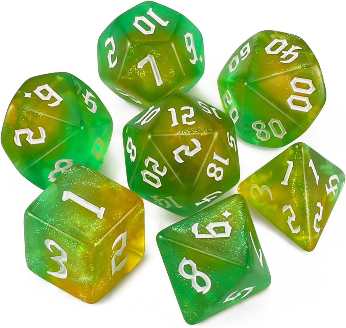QMAY DND Dice Set -D&D Polyhedral Dice (7 Pcs) for Dungeons and Dragons (Pale Yellow and Green Glitter)