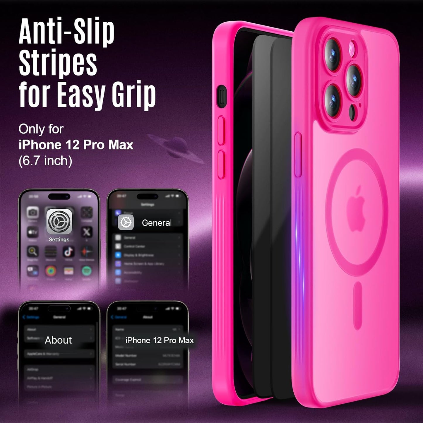 Designed for iPhone 12 Pro Max Case, Compatible with MagSafe, with Privacy Screen Protectors X2, [Camera Protection] [15FT Military Drop Protection] Shockproof Phone Case, 6.7", Hot Pink